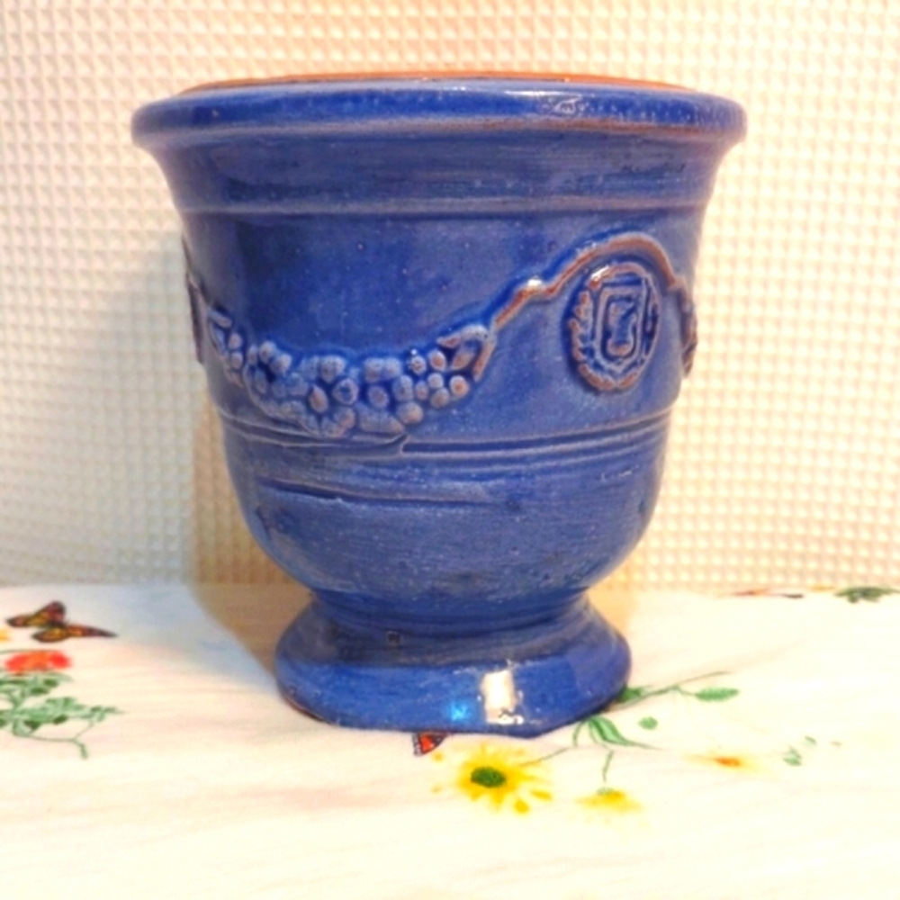 Antique Ampholia Anduze France Planter Urn Cobalt Blue 7" - Picture 4 of 11
